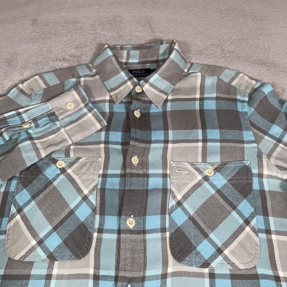 Polo Ralph Lauren Shirt Womens L Gray Blue Plaid Flannel Long Sleeve 2 Pockets - Picture 1 of 12